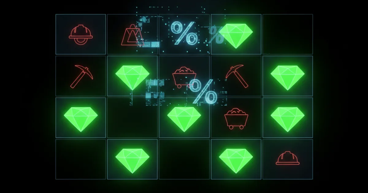 Stake Mines strategy grid showing diamond tiles and mine probability distribution with neon green accents on dark background